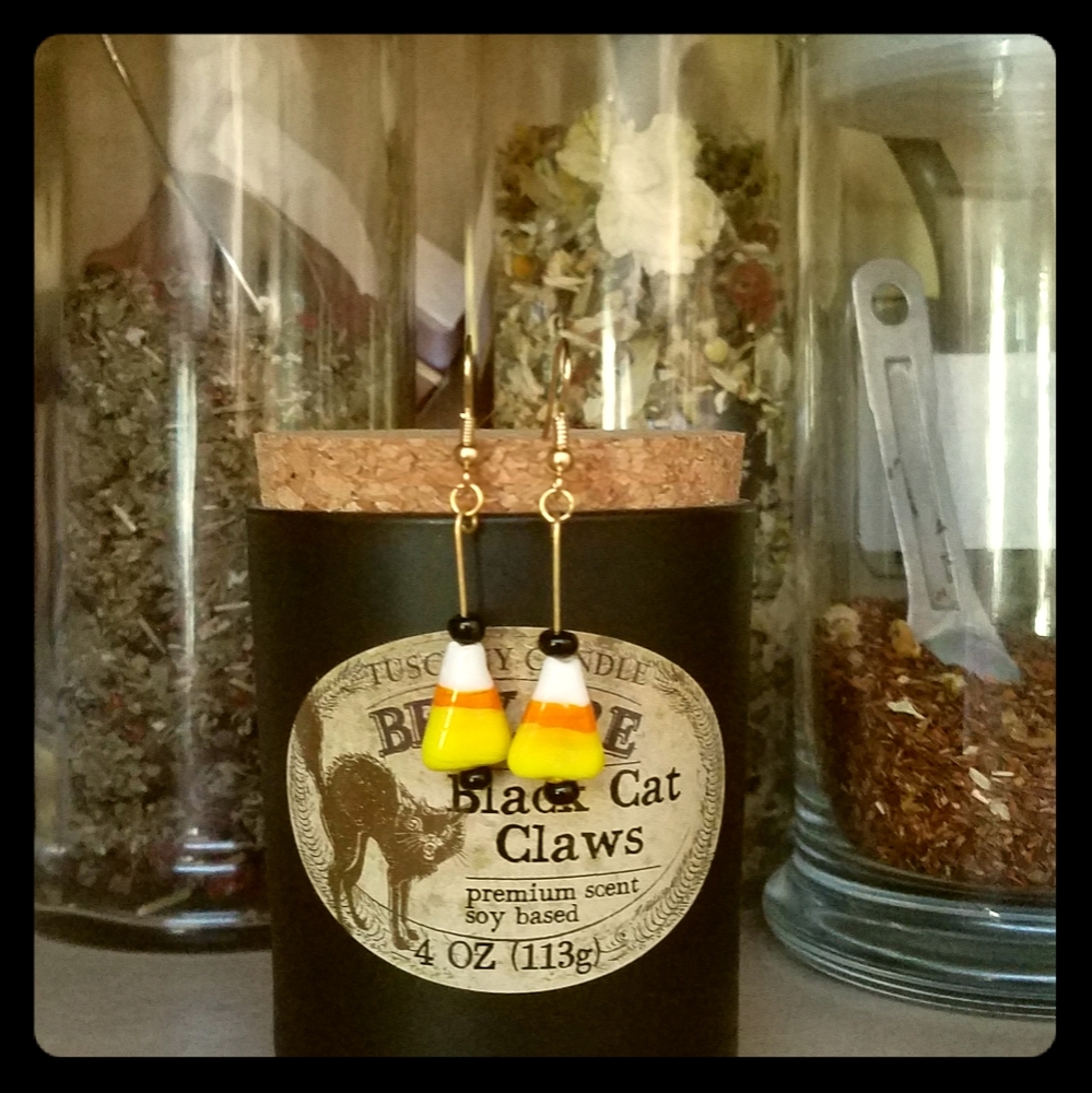 Handmade glass candy corn earrings